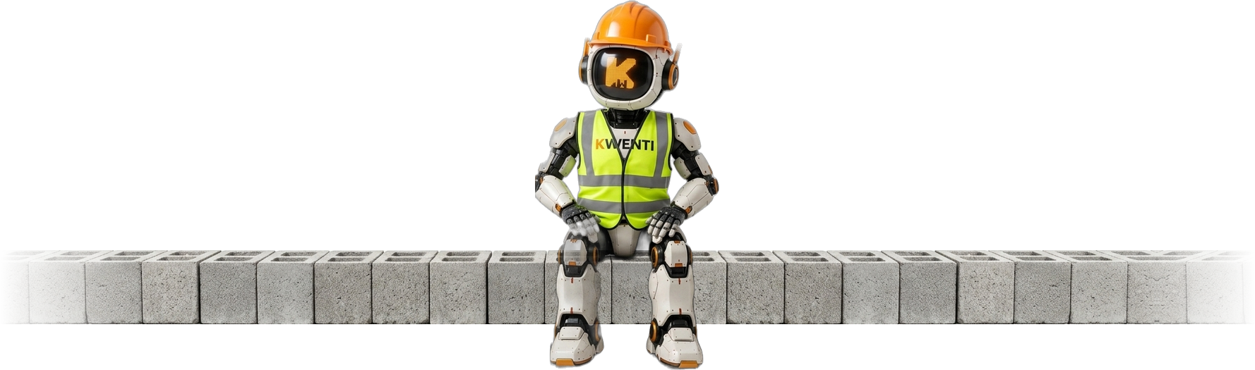 Mascotte Kwenti avec casque et gilet de chantier assise sur des blocs de beton