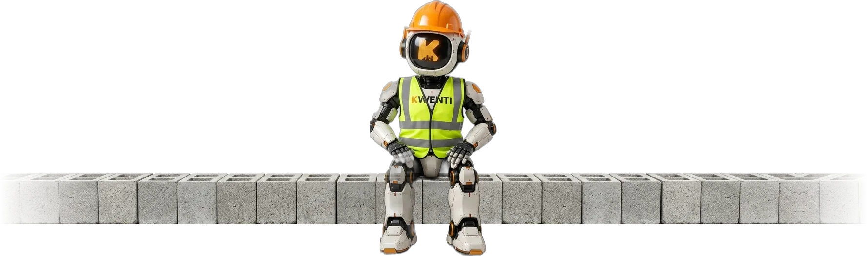 Mascotte Kwenti avec casque et gilet de chantier assise sur des blocs de béton