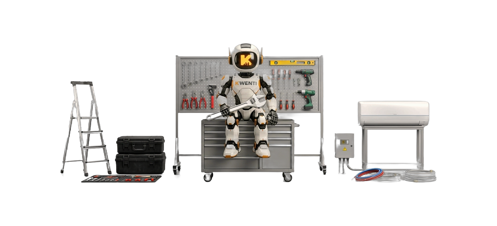 Mascotte Kwenti assise sur une servante a outils, entouree de l'equipement d'intervention : etabli, mur d'outils, escabeau, climatiseur, coffret electrique
