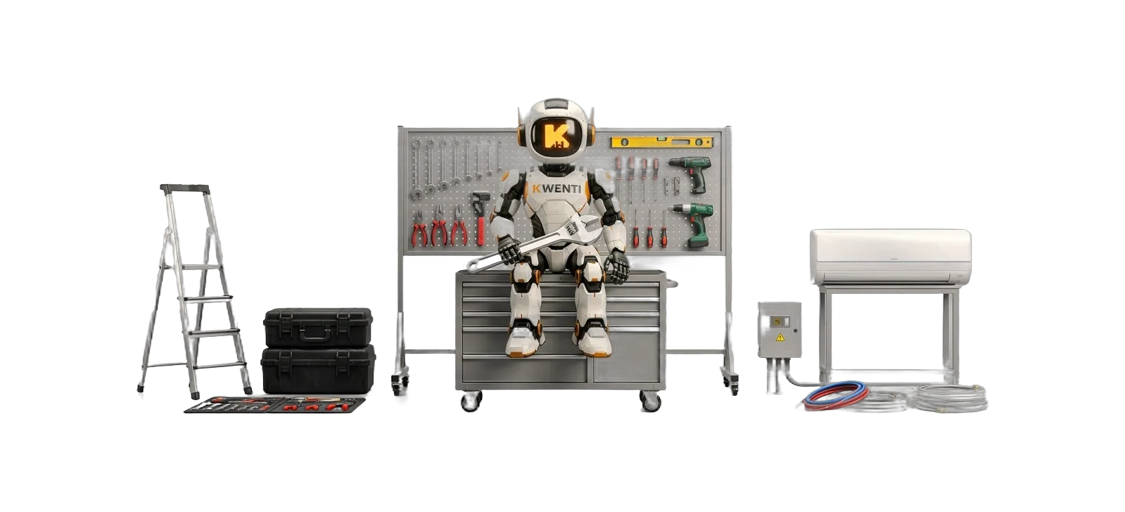 Mascotte Kwenti assise sur une servante à outils, entourée de l'équipement d'intervention : établi, mur d'outils, escabeau, climatiseur, coffret électrique