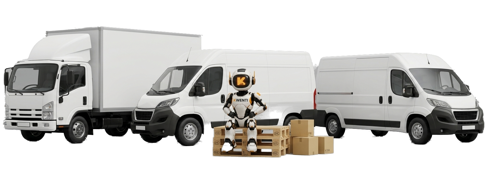 Mascotte Kwenti assise sur des palettes devant une flotte d'utilitaires et de camions de livraison