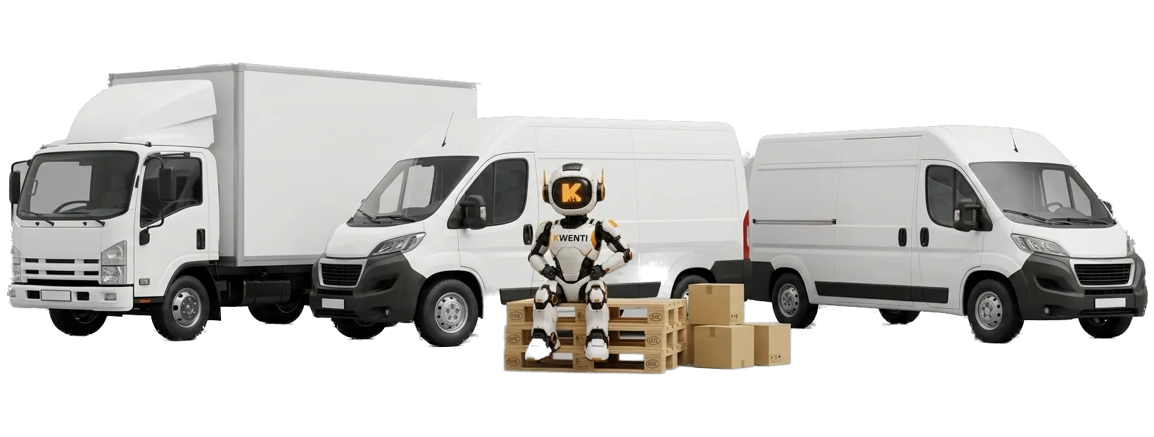 Mascotte Kwenti assise sur des palettes devant une flotte d'utilitaires et de camions de livraison