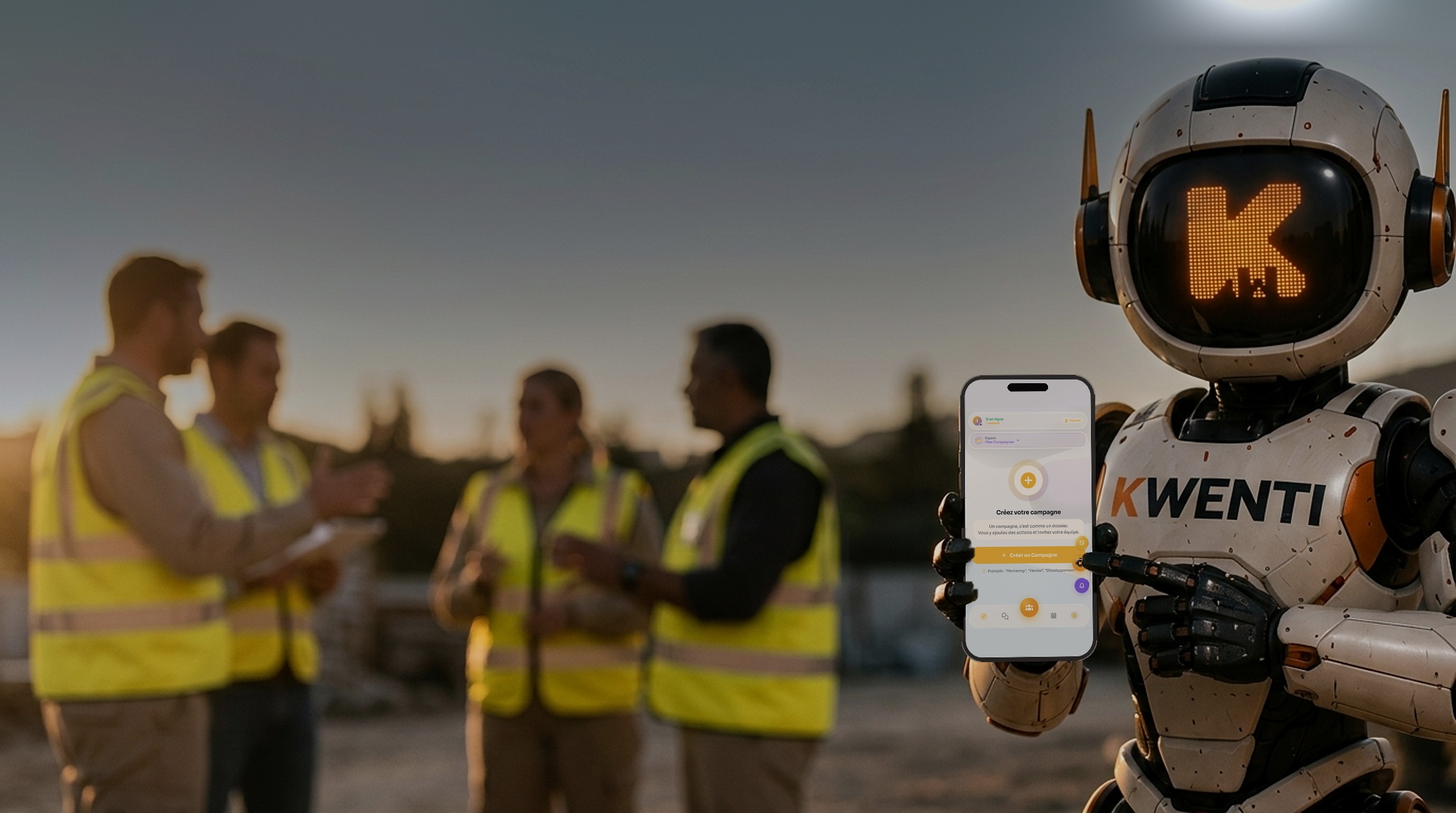La mascotte Kwenti presente l'application a une equipe terrain sur un chantier au coucher du soleil