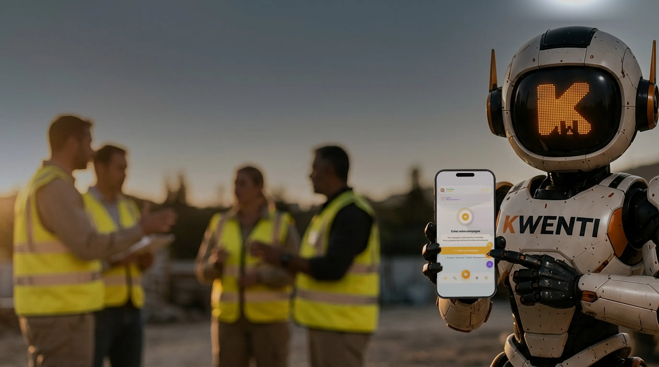 La mascotte Kwenti présente l'application à une équipe terrain sur un chantier au coucher du soleil