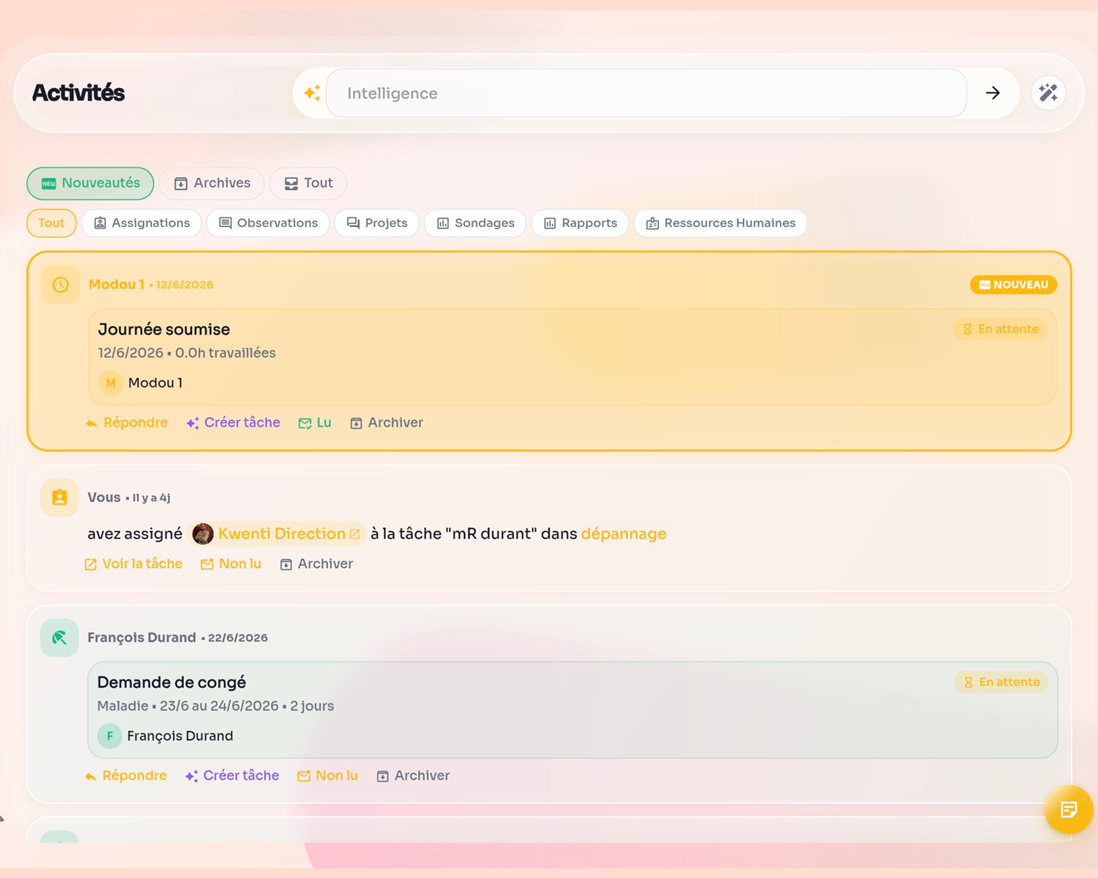 Feed d'activités Kwenti : fil professionnel des équipes