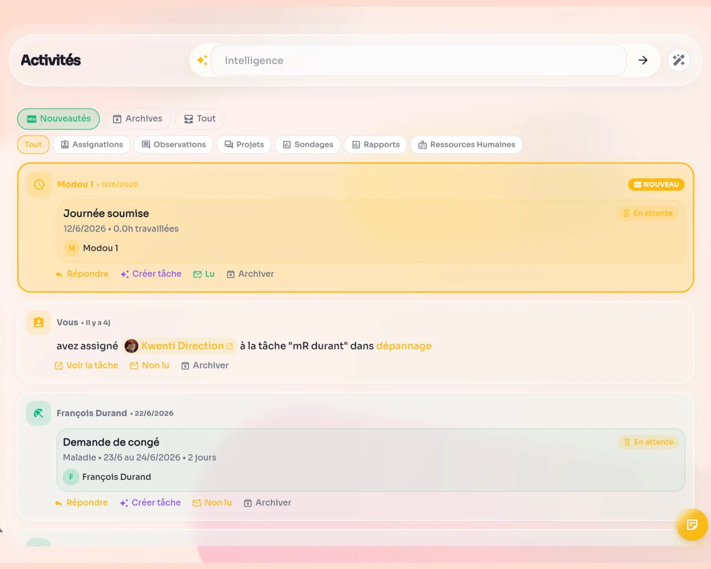 Feed d'activités Kwenti : fil professionnel des équipes