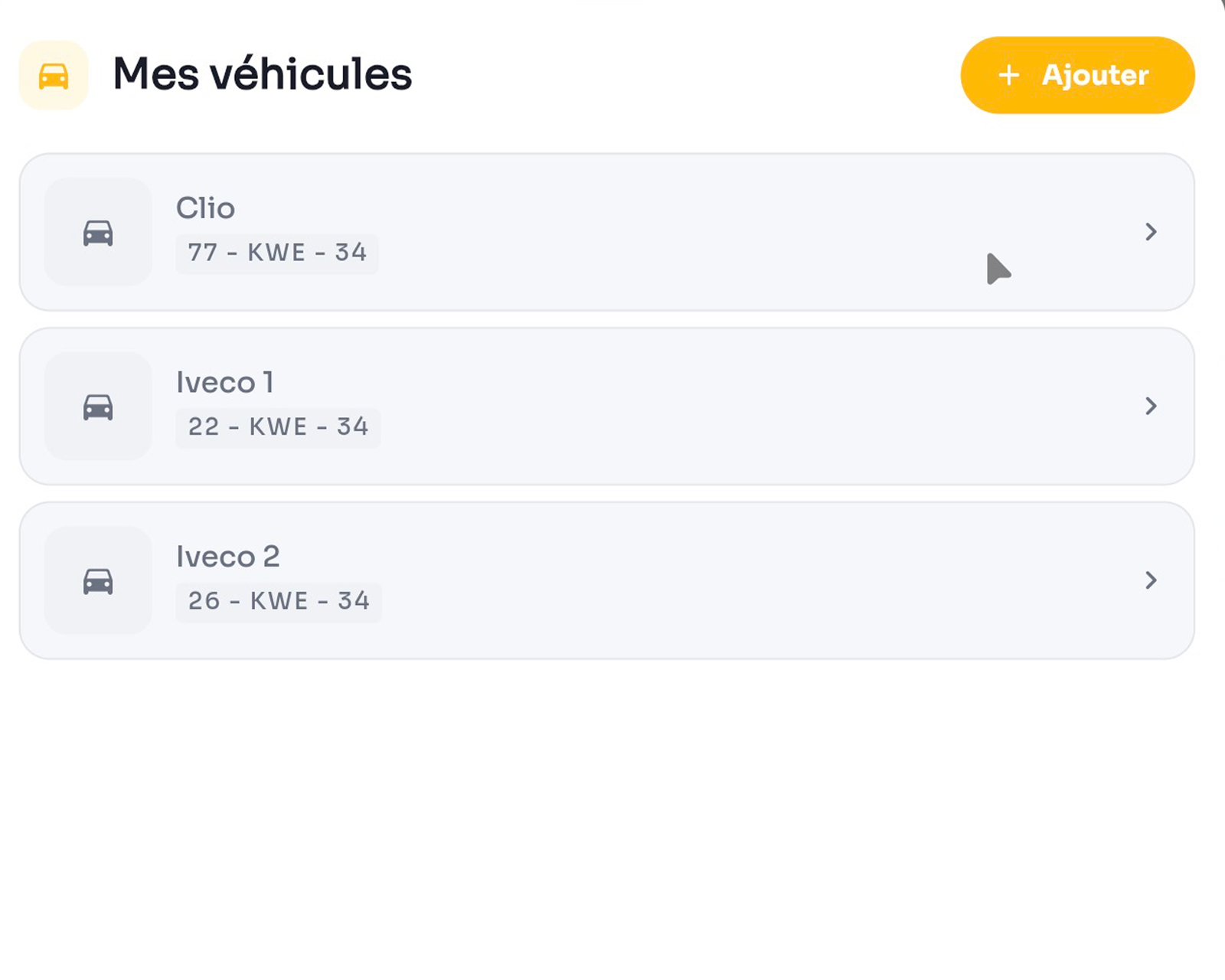 Gestion de flotte Kwenti : liste des véhicules