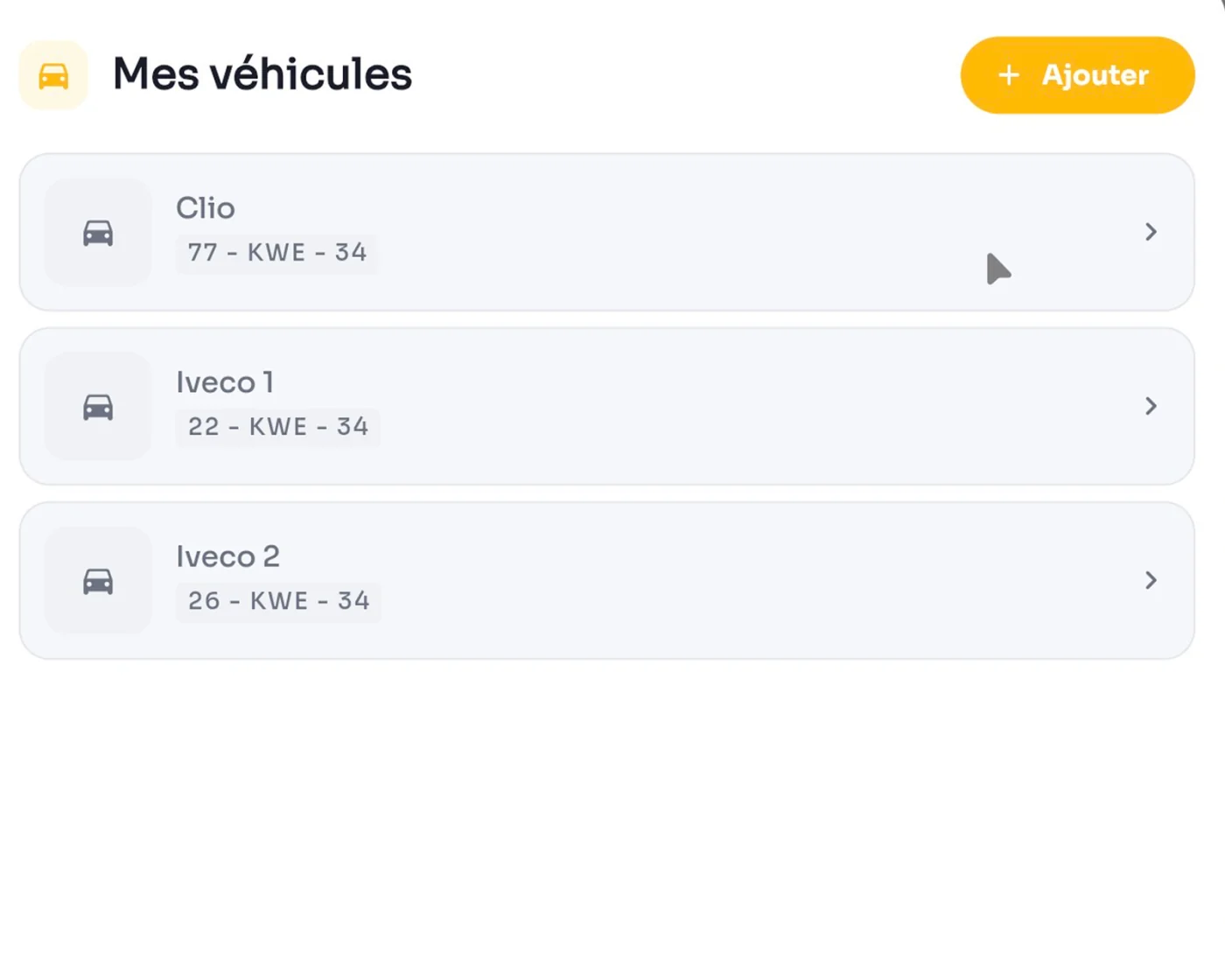 Gestion de flotte Kwenti : liste des véhicules